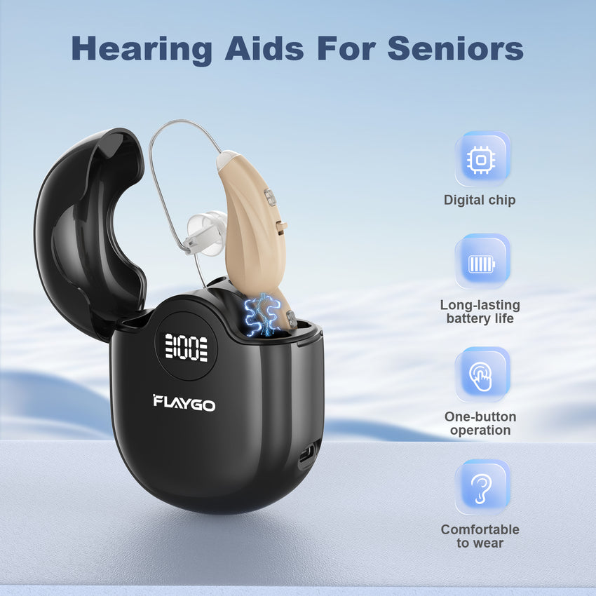 Flaygo black rechargeable hearing aid, 80 hours of smooth listening