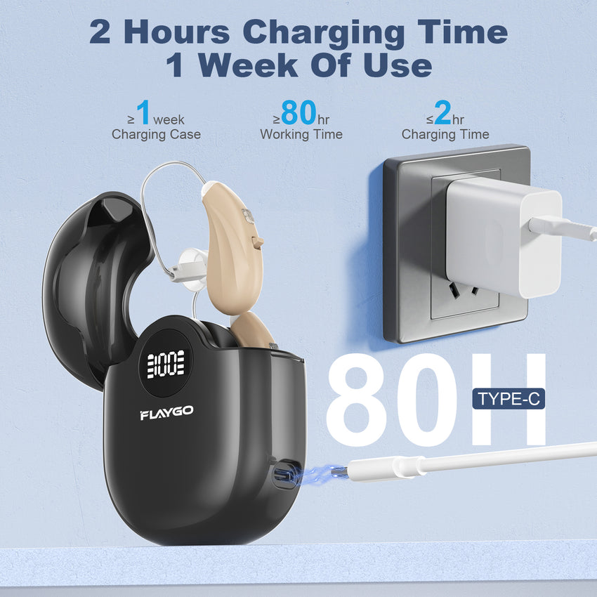 Flaygo black rechargeable hearing aid, 80 hours of smooth listening