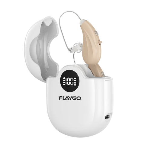 Flaygo white rechargeable hearing aid, 80 hours of smooth listening