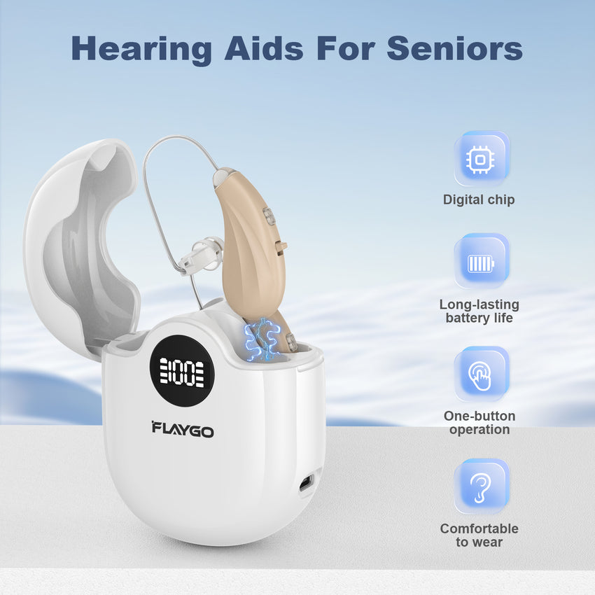Flaygo white rechargeable hearing aid, 80 hours of smooth listening