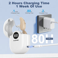 Flaygo white rechargeable hearing aid, 80 hours of smooth listening